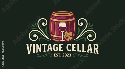 The logo showcases a vintage barrel with a wine glass and vines, representing tradition, quality, and richness, perfect for wine stores and wineries.