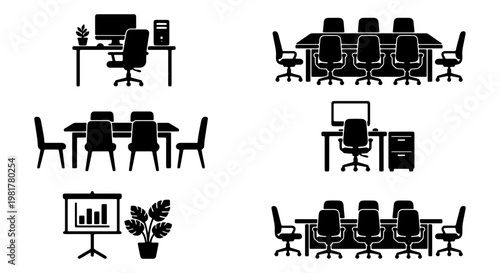 Office furniture silhouette icons set, professional workspace and conference room vector elements, modern workplace desk and chair collection
