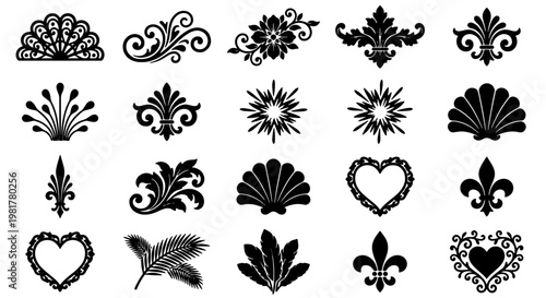 Vintage ornamental flourishes and filigree set, 20 black vector design elements, elegant fleur de lis and floral scroll icons for wedding invitations