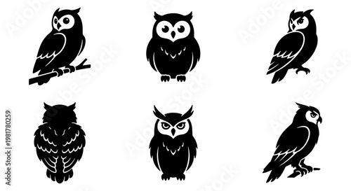Minimalist owl silhouette collection, set of 6 black bird icons, stylized nocturnal owl vector illustrations for logo design and nature branding