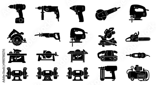 Professional power tools icon set, 20 black vector silhouettes of electric construction equipment, industrial carpentry and woodworking machinery