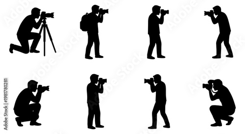 Photographer silhouette collection, 8 vector icons of professional cameramen with DSLR cameras, paparazzi and journalist figures in various poses