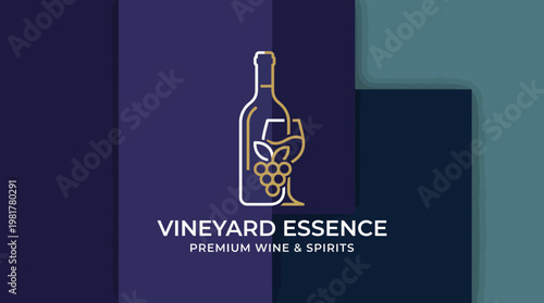 The Vineyard Essence logo depicts a wine bottle alongside a glass and grapes, highlighting a luxurious and refined essence in wine and spirits branding.
