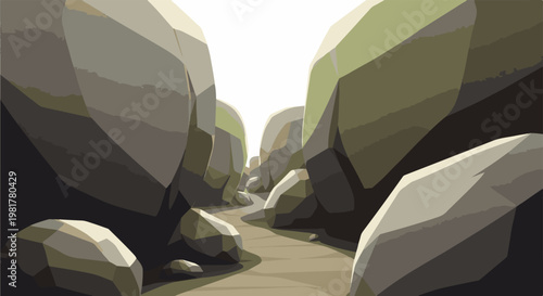 Path winds through a gorge with angular rock formations and a bright sky