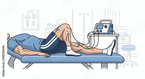 Patient lying on a treatment table with electrodes attached to legs for therapy