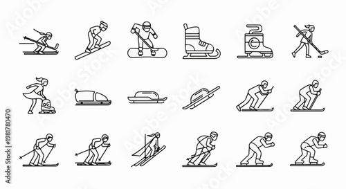 Outline icons of various winter sports activities for athletes in motion