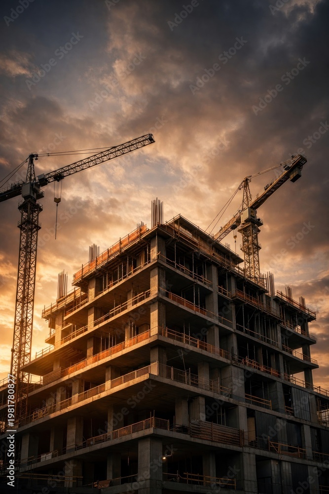Fototapeta premium Urban construction site at sunset.