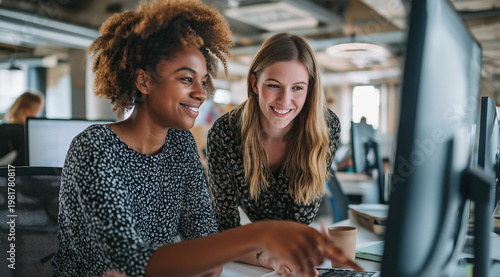 Two smiling diverse professional women collaborating enthusiastically at modern open-plan office computer workstation.

