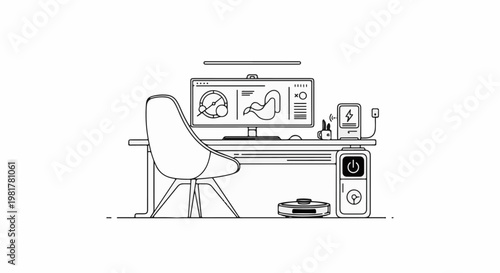 Modern desk setup with computer, charging station, and robot vacuum