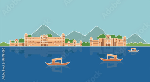 Ornate palace on tranquil blue water with majestic mountains beyond