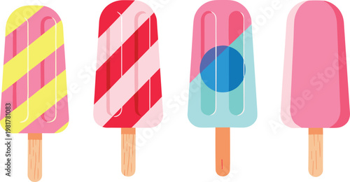 Bright colorful popsicle vector illustration featuring striped and fruity ice cream bars on sticks isolated on clean background for summer dessert design