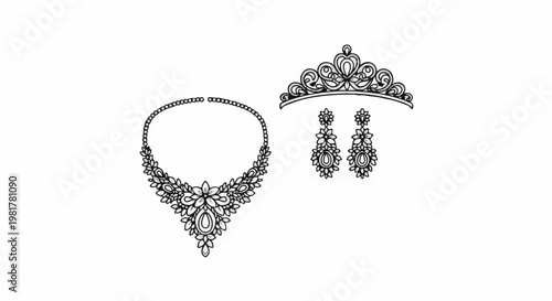 Ornate pearl necklace, tiara, and dangling earrings with gemstone accents