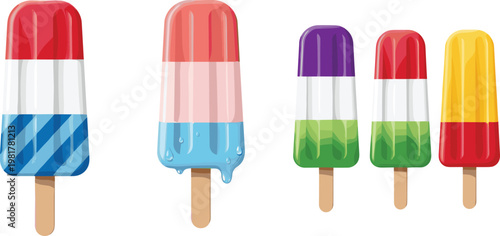Colorful assorted popsicles vector illustration featuring melting ice cream bars in various flavors on sticks isolated on clean background for summer dessert design