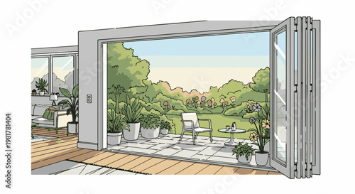 Modern home interior opens to a lush garden patio with outdoor seating