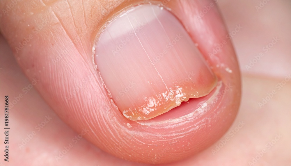 Fototapeta premium Macro view of onycholysis showing fingernail separation from the nail bed