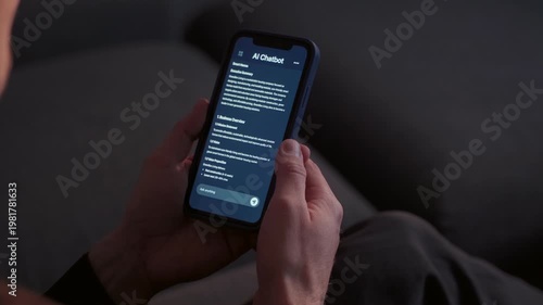 Close-up of a person holding a smartphone and interacting with an AI chatbot interface while sitting on a sofa at home, asking artificial intelligence a question or business idea advice. Copy space