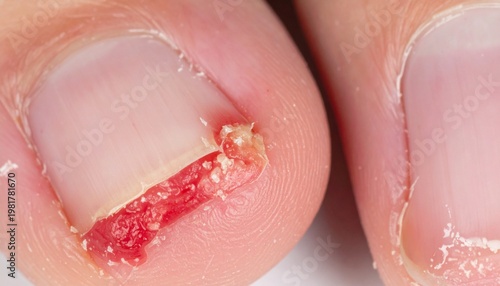 Extreme close up of severe paronychia nail infection with inflamed cuticle, redness, and swelling