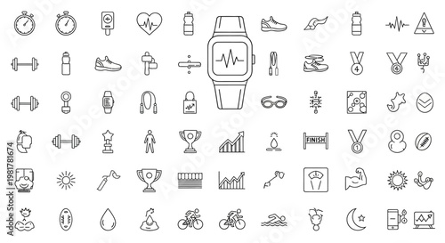 Smartwatch with various fitness icons.