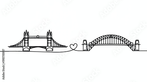 Two Iconic Bridges Connected by a Heart Symbol, Minimalist Line Art Illustration