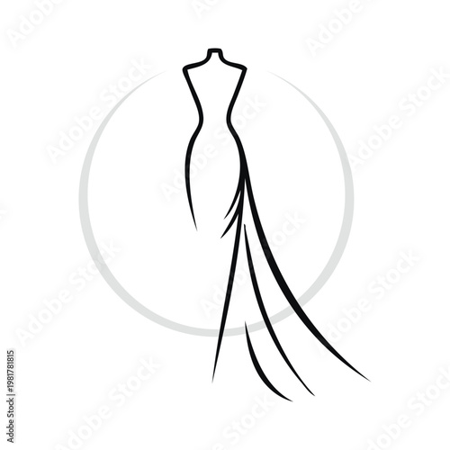 Logotipo de boutique de moda femenina. Dibujo minimalista con líneas de un vestido de noche con falda, por encima de un círculo 