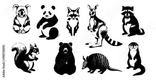 Watercolor wild mammals set koala panda kangaroo fox bear animal illustration