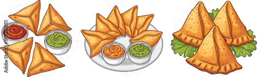 Crispy samosa snack vector illustration featuring triangular fried pastries with dipping sauces and herbs on plates isolated on clean background for food design