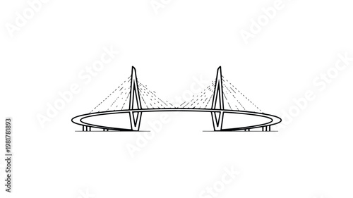 A minimalist black and white line drawing of a modern cable-stayed bridge with elevated roadways