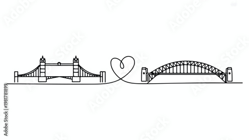Minimalist line drawing connects Tower Bridge and Sydney Harbour Bridge with a heart shape