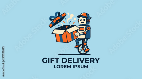 This vibrant illustration shows a cheerful robot riding a unicycle while delivering a present, embodying convenience and futuristic technology in gift logistics.