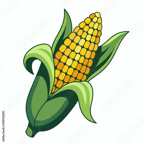 A vibrant illustration of a corn on the cob, showcasing its bright yellow kernels and green husks, emphasizing agricultural abundance and freshness in nature.