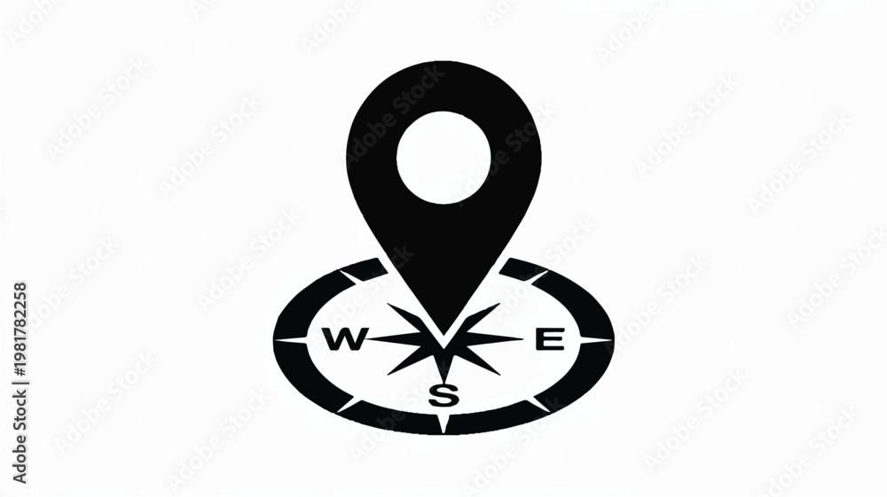 Fototapeta premium Minimalist black and white location pin icon with compass rose for navigation and travel