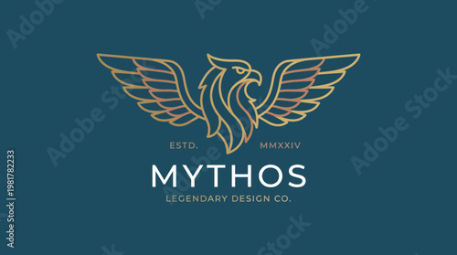 A sophisticated and modern logo featuring a mythical bird with outstretched wings, representing strength and vision for a legendary design company.