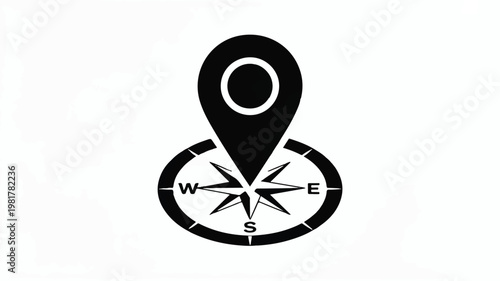 A minimalist black and white location icon featuring a map pin symbol overlaid on a compass rose