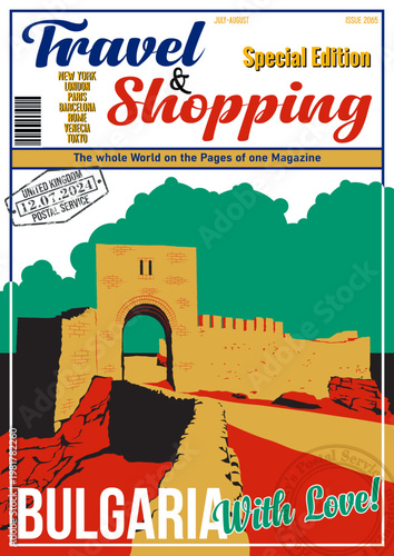 Travel and Shopping Magazine Fake Cover. Bulgaria with Love. Bulgarian Attraction Kaliakra Fortress Illustration. Medieval Ruins, Vector Template for Touristic Illustrations, Posters, Covers