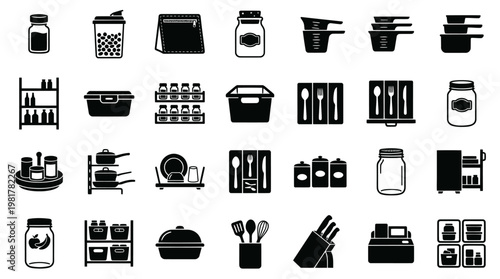 Minimalist Kitchen Storage and Food Organization Icons for Stock Design