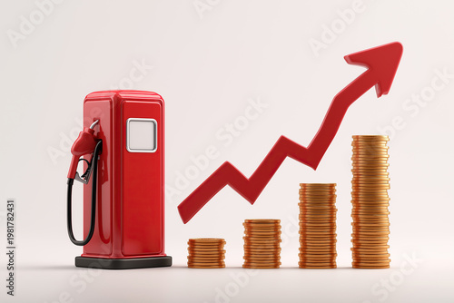 A 3D render illustration showing a red gas pump next to four rising golden coin stacks and an increasing red arrow trend graph chart.