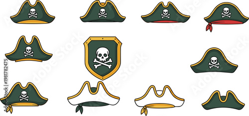 Set of Pirate Tricorn Hats and Jolly Roger Skull Crossbones Symbols Featuring Various Designs for Caribbean Sea Adventure and Nautical Graphics
