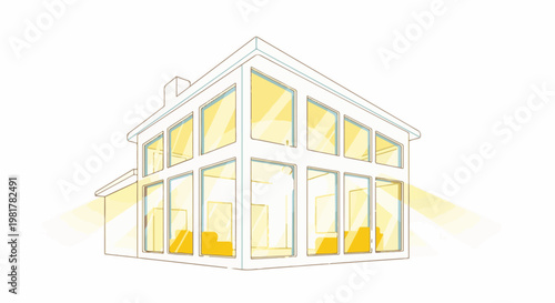 Modern minimalist house with large windows bathed in warm sunlight