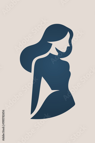 Logotipo de boutique de moda femenina. Dibujo minimalista con silueta de una mujer de pie con un vestido y cabello ondulado, vista de perfil