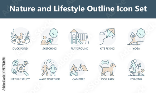 Nature and Lifestyle Outline Icon Set with Camping Foraging Playground Pets and Creative Activities