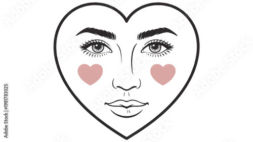 Elegant minimalist line art graphic featuring a female face inside a heart silhouette, enhanced by charming pink blush hearts, symbolizing beauty and love