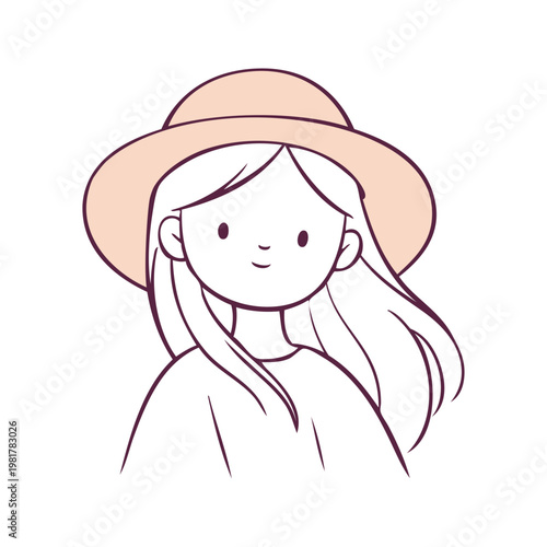 Vacaciones de verano. Logotipo con dibujo minimalista con líneas de una niña con sombrero de paja