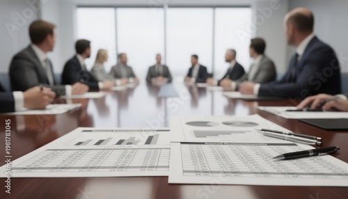 Evaluation meeting with printed reports on the table sharply focused financial documents contrasting with the indistinct faces of attentive pension fund committee.