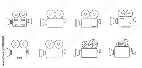 Vintage Movie Camera Outline Icon Set Eight Styles Line Art