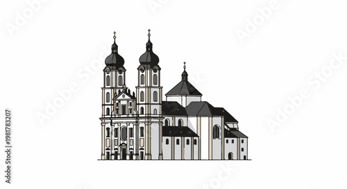 Ornate baroque church with multiple towers and domed roofs