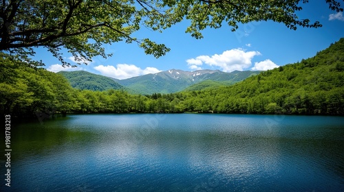 Serene Natural Landscape with Calm Lake and Snow-Capped Mountains
