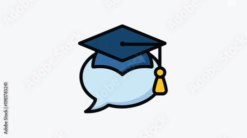 Minimalist Graduation Cap Icon Overlapping a Speech Bubble, Symbolizing Education and Communication