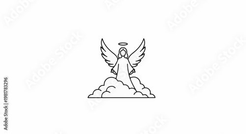 Minimalist line art of an angel with wings and halo, resting on clouds