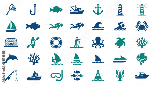 Marine Adventure Water Sports and Ocean Fishing Activity Icon Set