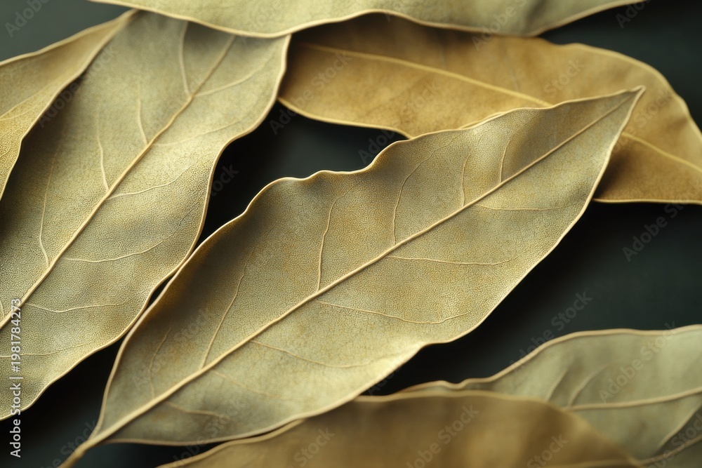 Obraz premium A close-up of dried bay leaves, showcasing their rich texture and muted earthy tones.